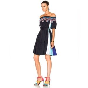GUC Peter Pilotto- Navy Off-Shoulder Color Block Dress. Size UK 14/US 10